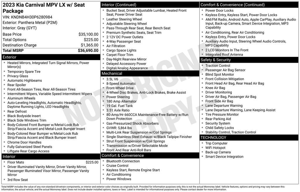 2023 Kia Carnival MPV LX Seat Package