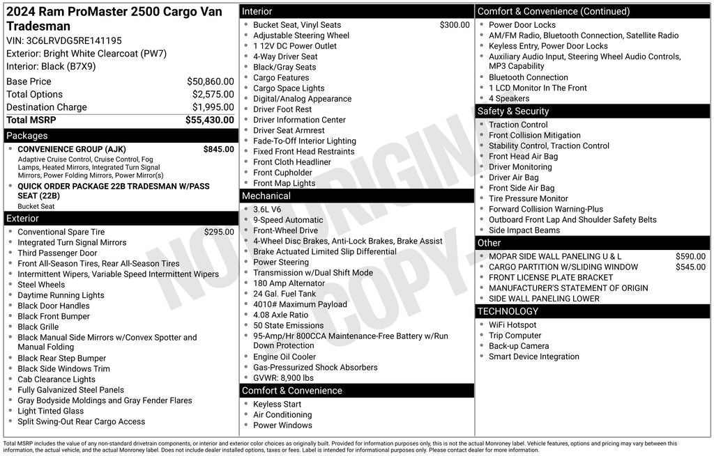 2024 RAM ProMaster 2500 Cargo Van Tradesman High Roof 159' WB w/Pass Seat